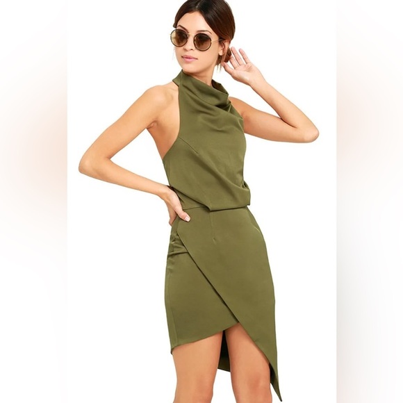 Elliatt Camo Asymmetric Satin Halter Dress in Khaki Green - Picture 3 of 15